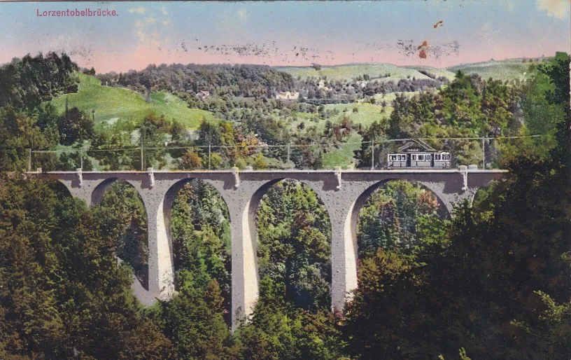 Postkarte Tram auf der Lorzentobelbrücke